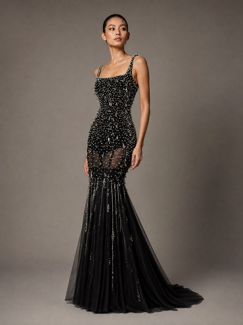 Black Mermaid Crystal Evening Gown — three-quarter view (source SKU-090) — reviewed generated product image