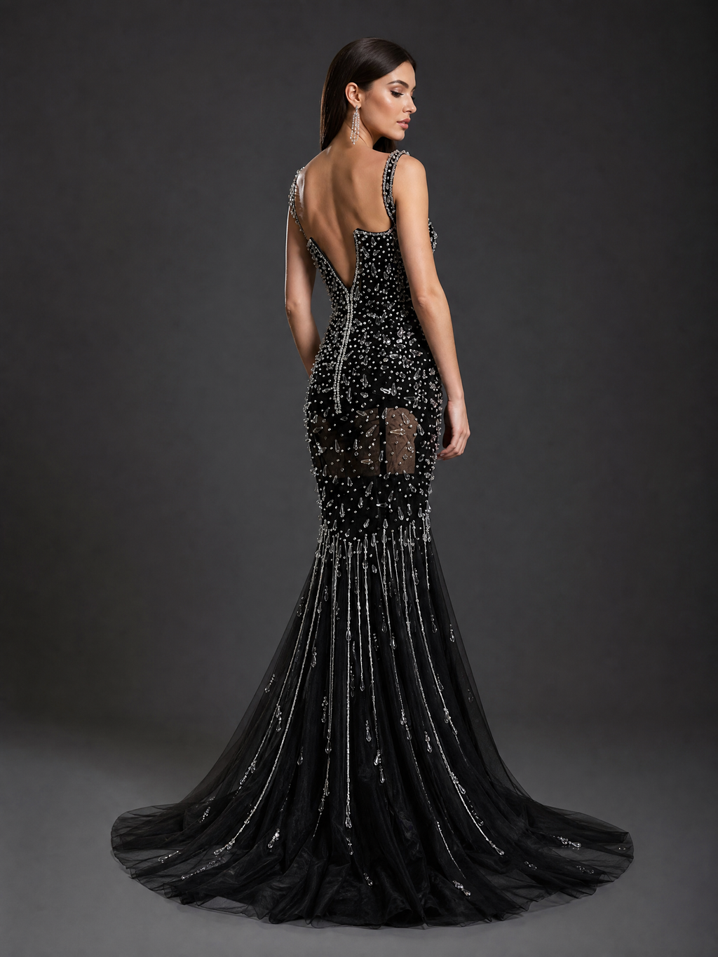 Black Mermaid Crystal Evening Gown — side or back view (source SKU-090) — reviewed generated product image