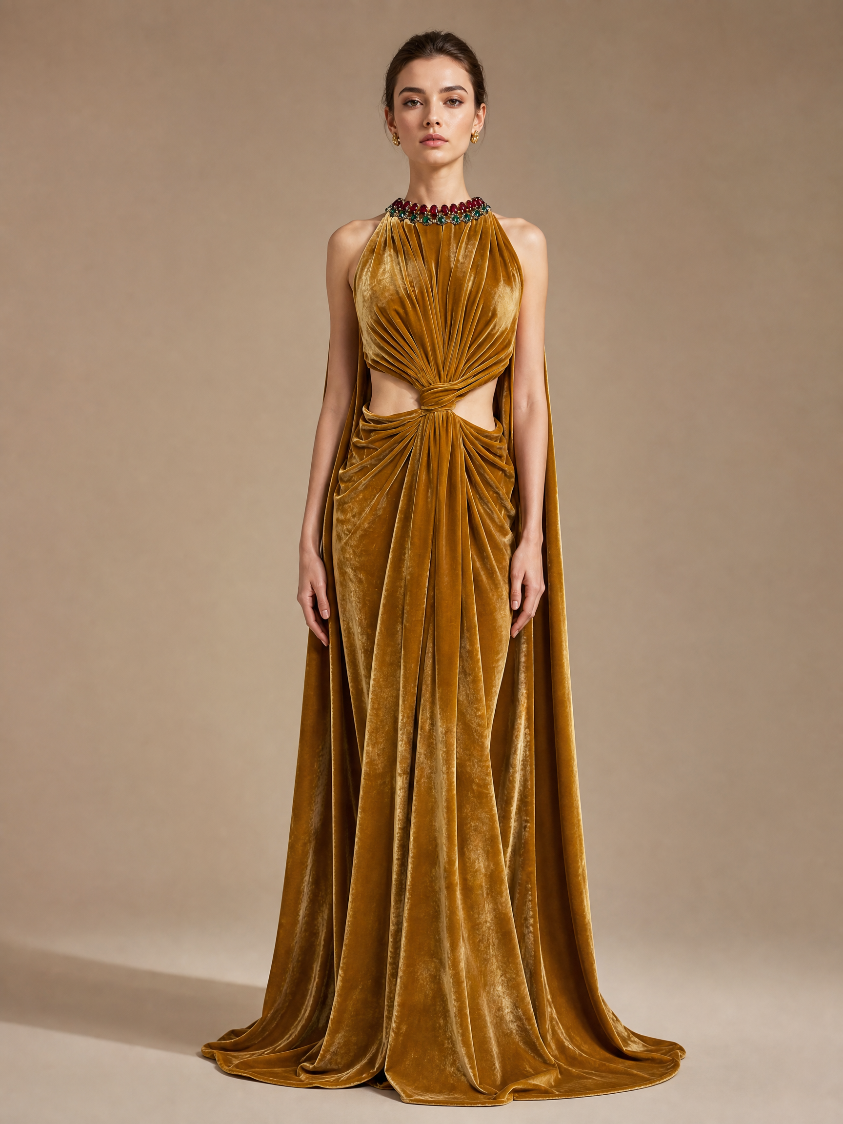 Blue Cape Evening Gown — front full-length hero view (source SKU-087) — reviewed generated product image