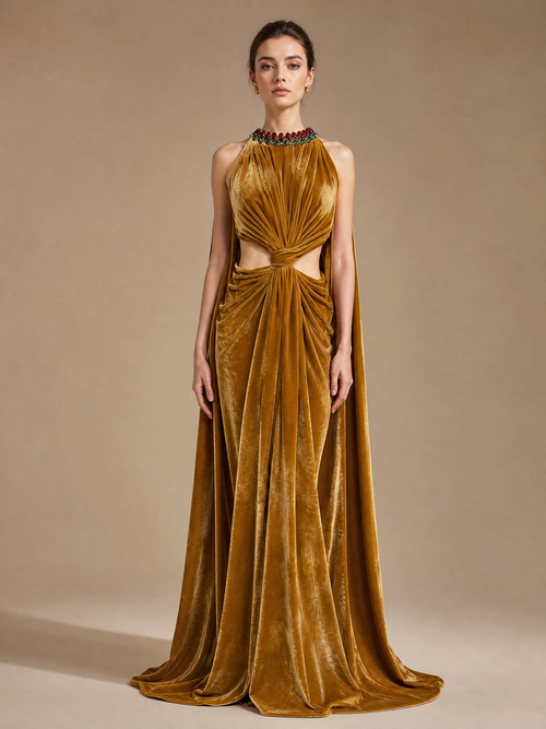 Blue Cape Evening Gown — front full-length hero view (source SKU-087) — reviewed generated product image