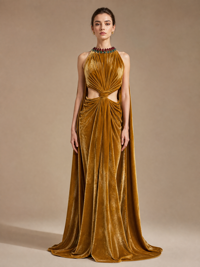 Blue Cape Evening Gown — front full-length hero view (source SKU-087) — reviewed generated product image