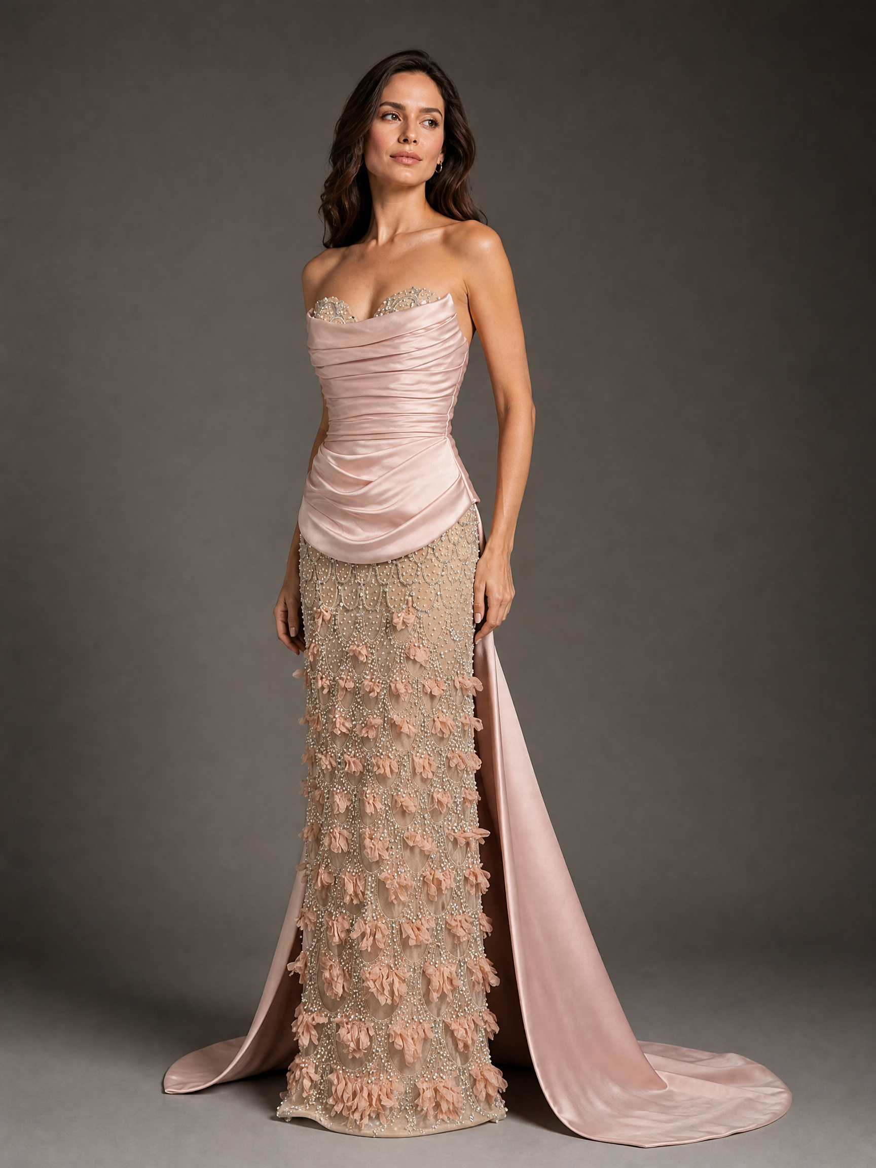 Blush Nude Statement Evening Gown — three-quarter view (source SKU-096) — reviewed generated product image