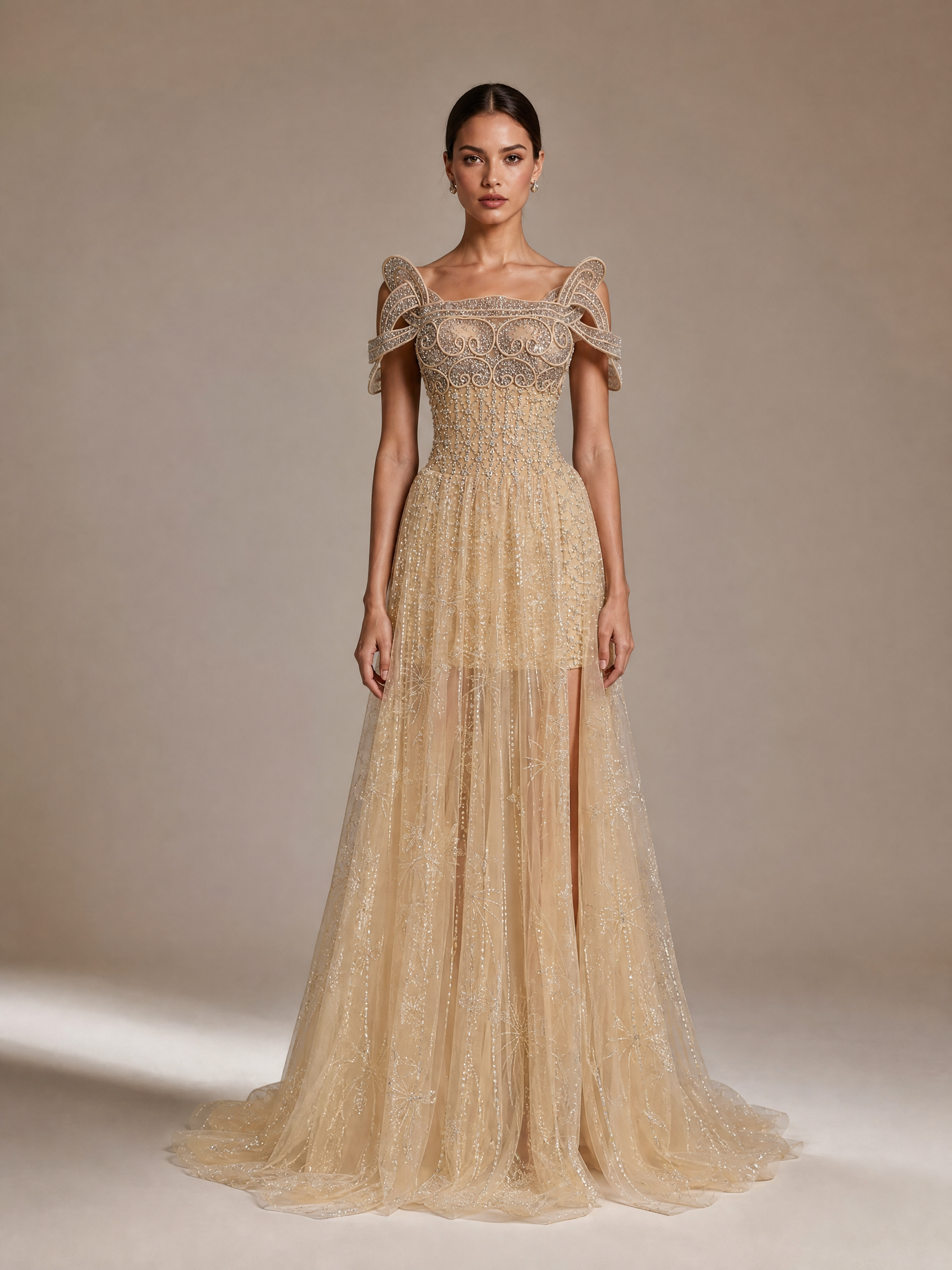 Champagne Gold Beaded Bow Evening Gown — front full-length hero view (source SKU-051) — reviewed generated product image
