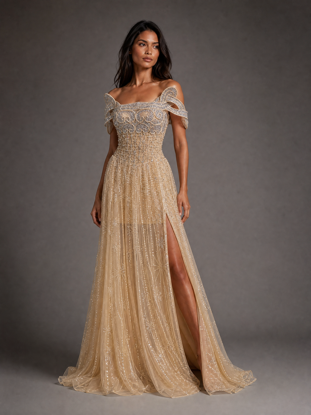 Champagne Gold Beaded Bow Evening Gown — three-quarter view (source SKU-051) — reviewed generated product image
