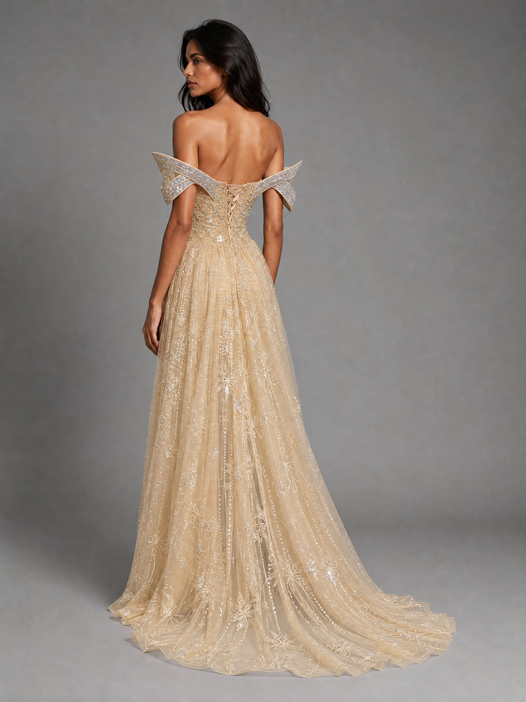 Champagne Gold Beaded Bow Evening Gown — side or back view (source SKU-051) — reviewed generated product image