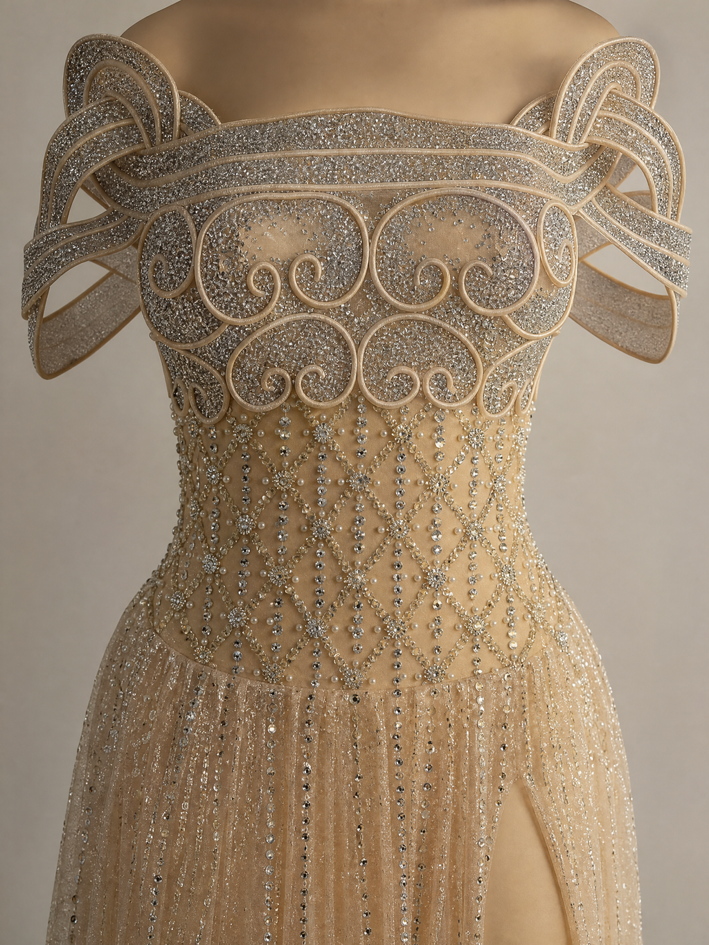 Champagne Gold Beaded Bow Evening Gown — couture detail view (source SKU-051) — reviewed generated product image