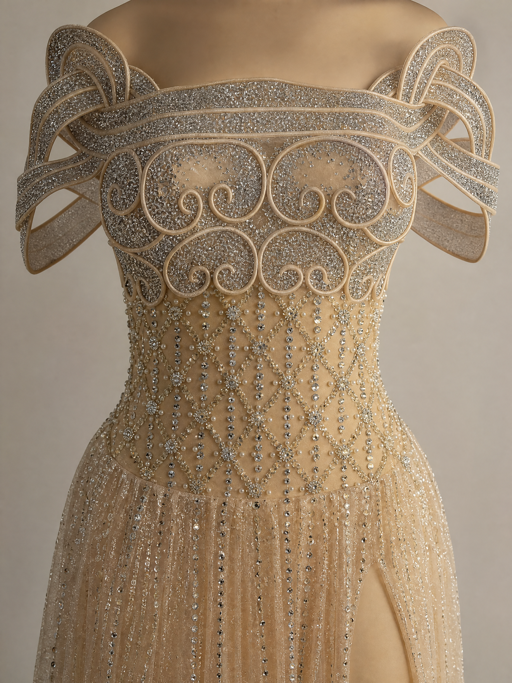 Champagne Gold Beaded Bow Evening Gown — couture detail view (source SKU-051) — reviewed generated product image
