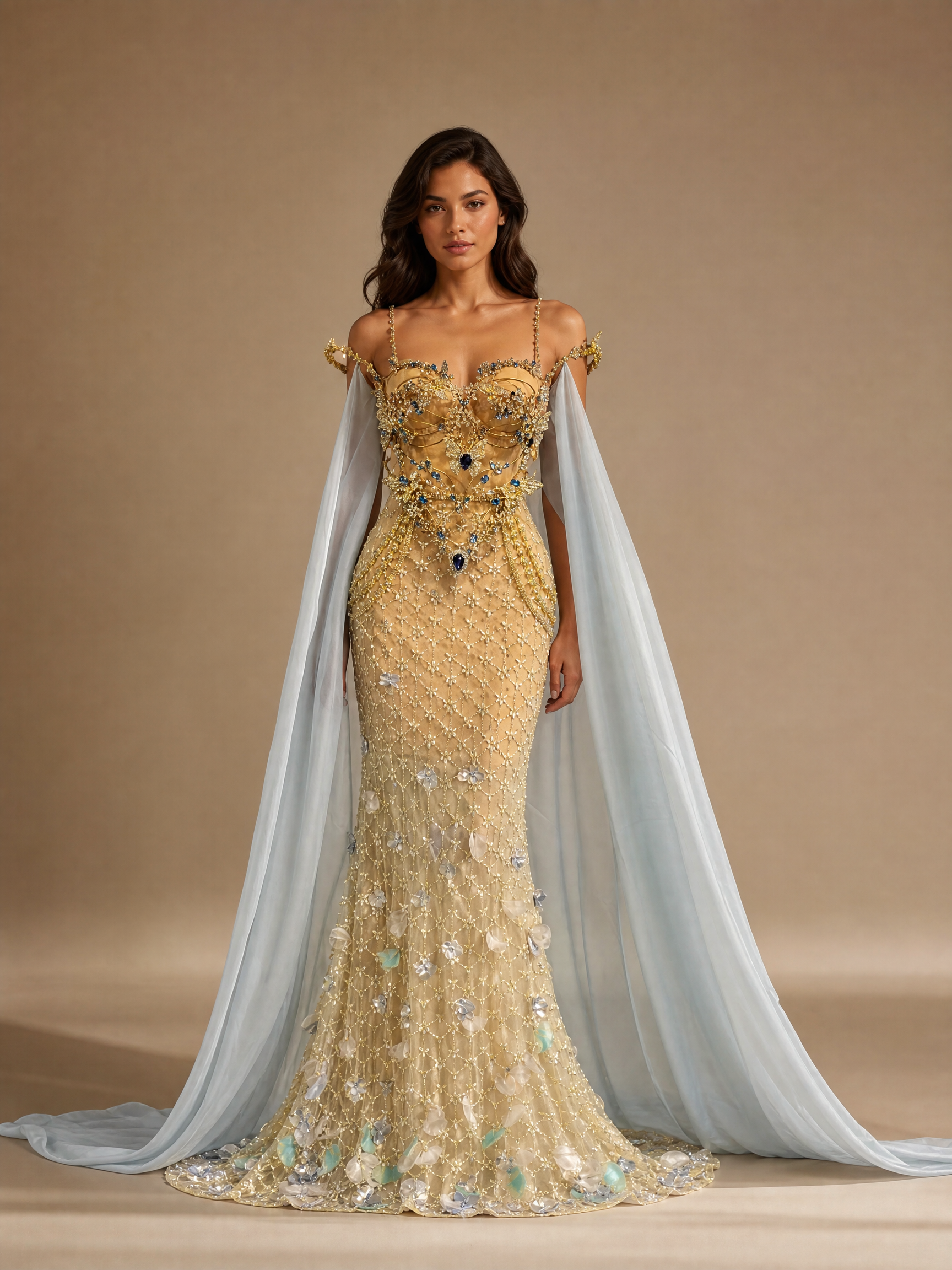 Champagne Gold Cape Floral Pageant Gown — front full-length hero view (source SKU-045) — reviewed generated product image