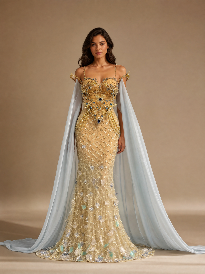 Champagne Gold Cape Floral Pageant Gown — front full-length hero view (source SKU-045) — reviewed generated product image