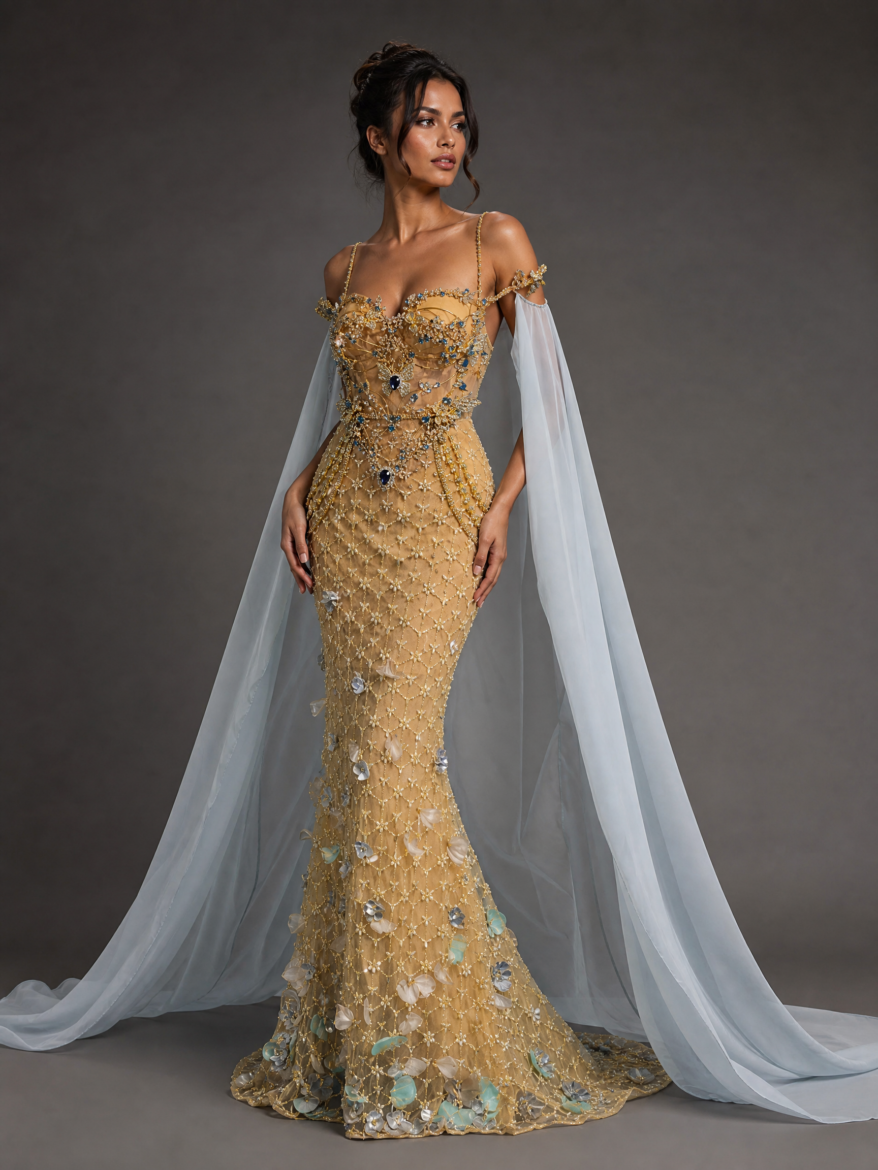 Champagne Gold Cape Pageant Gown