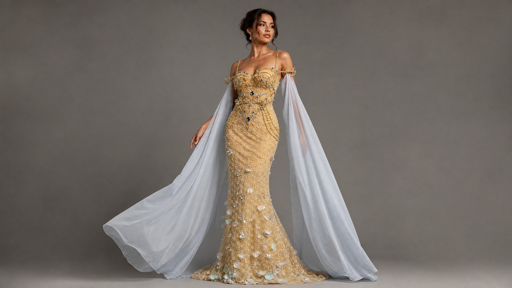 Champagne Gold Cape Floral Pageant Gown — hem and train detail view (source SKU-045) — reviewed generated product image