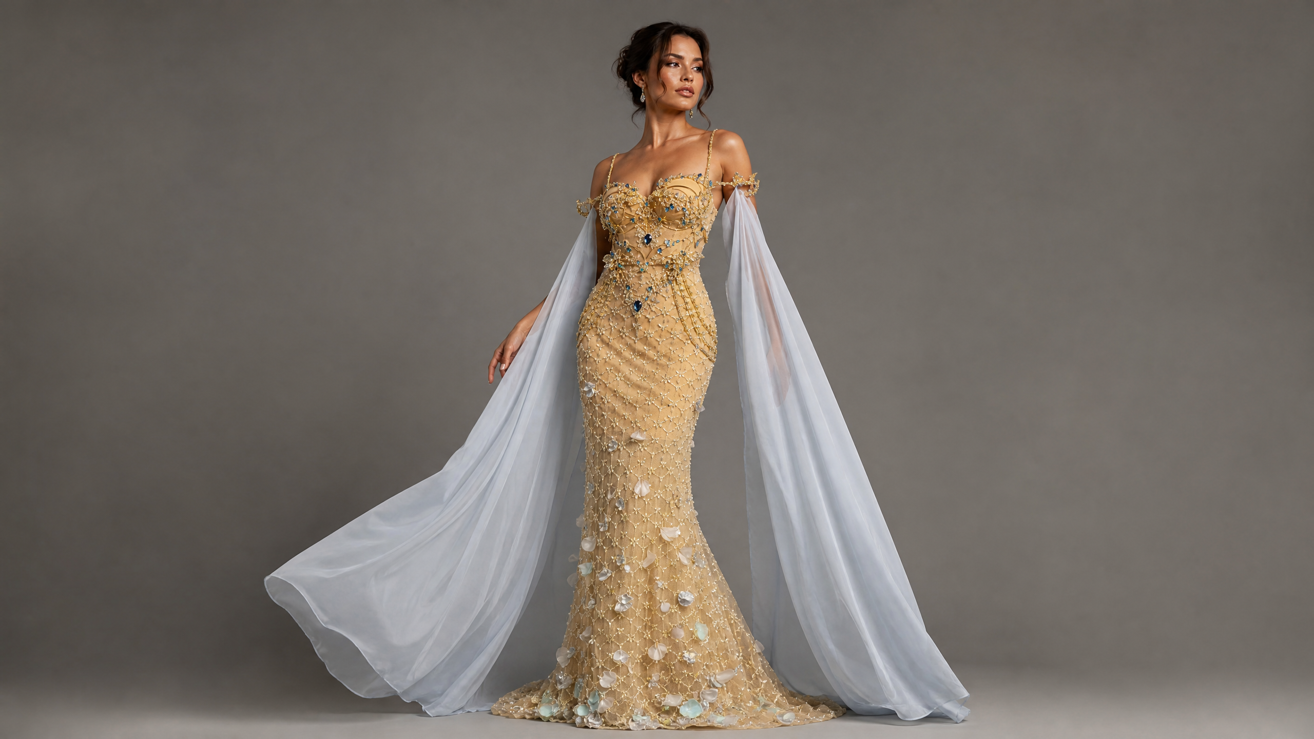 Champagne Gold Cape Floral Pageant Gown — hem and train detail view (source SKU-045) — reviewed generated product image
