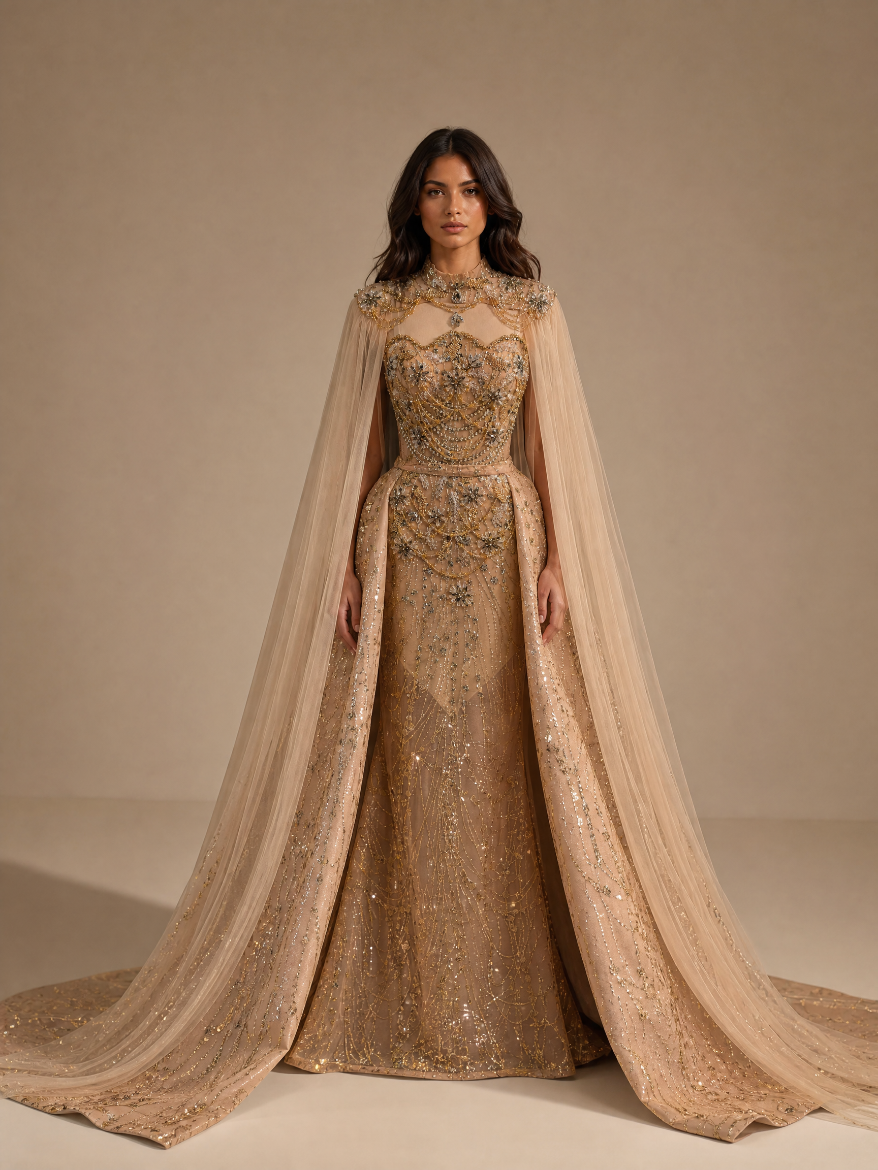 Champagne Gold Crystal Cape and Train Evening Gown — front full-length view (SKU-001) — reviewed generated product image