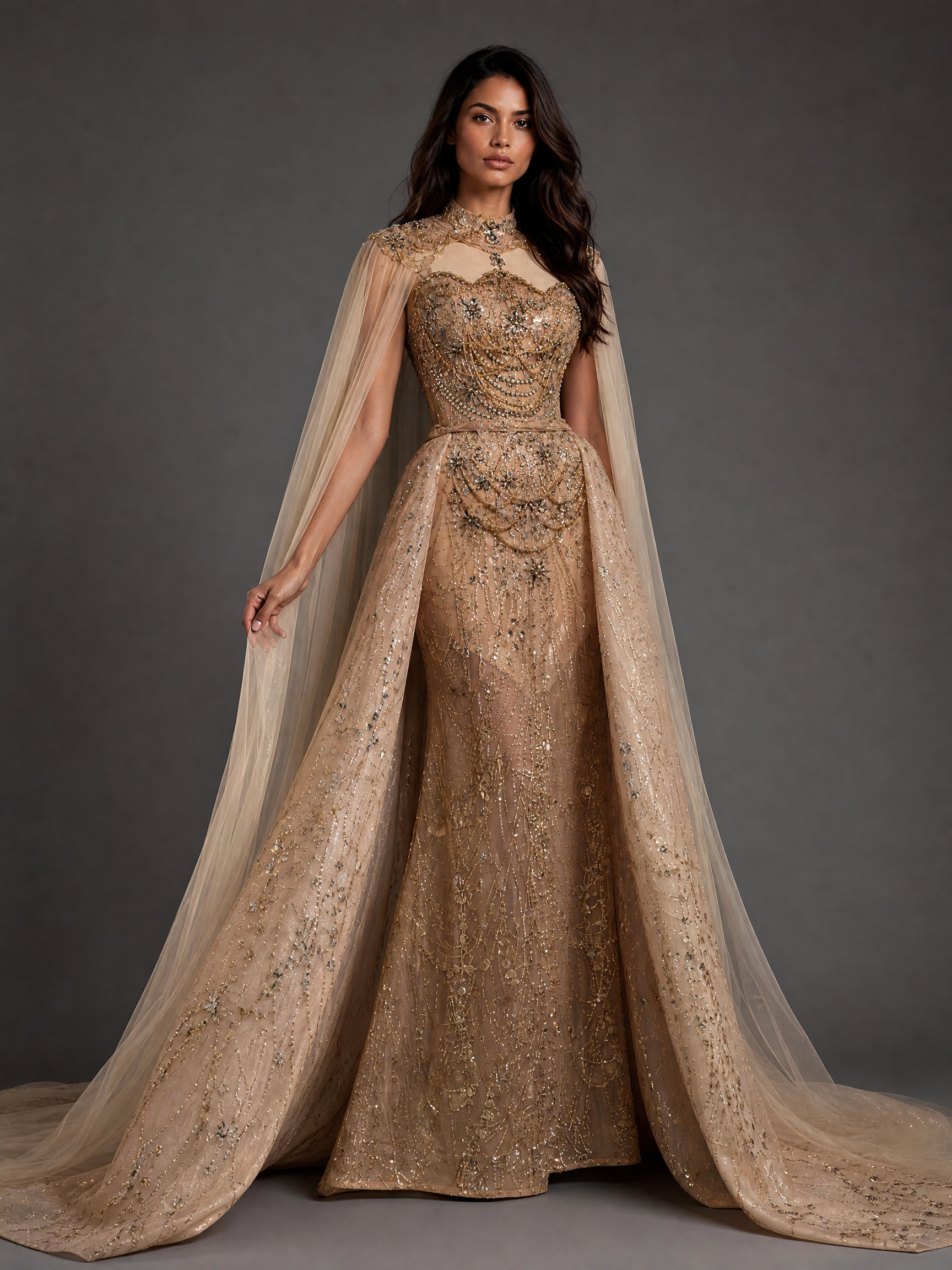 Champagne Gold Crystal Cape and Train Evening Gown — hem and train detail view (SKU-001) — reviewed generated product image