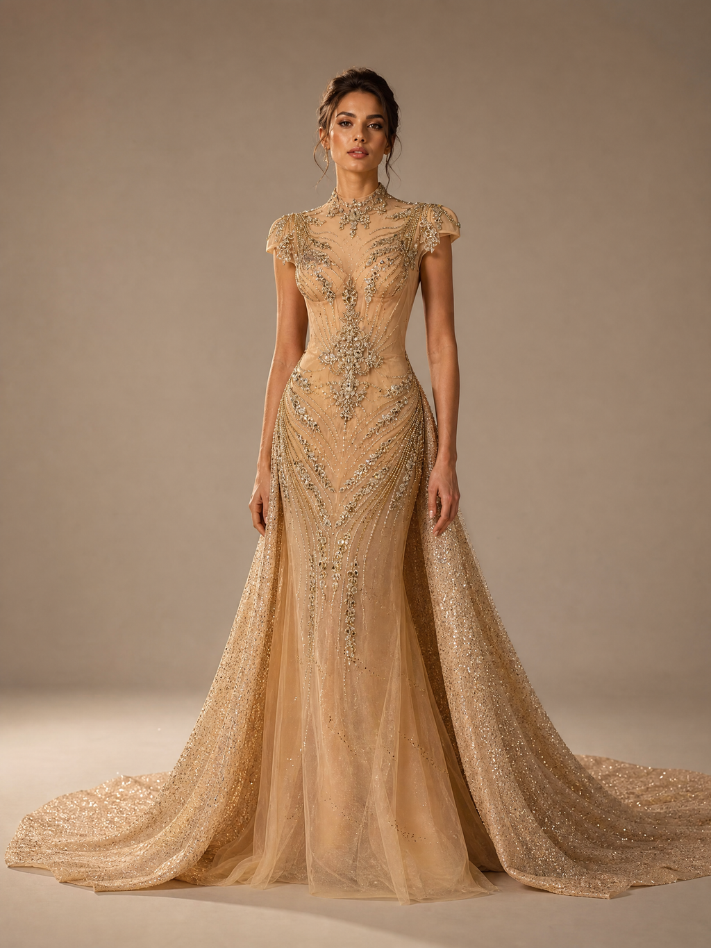 Champagne Rose Mermaid Crystal Train Evening Gown — front full-length view (SKU-002) — reviewed generated product image