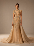 Champagne Rose Mermaid Crystal Train Evening Gown — front full-length view (SKU-002) — reviewed generated product image
