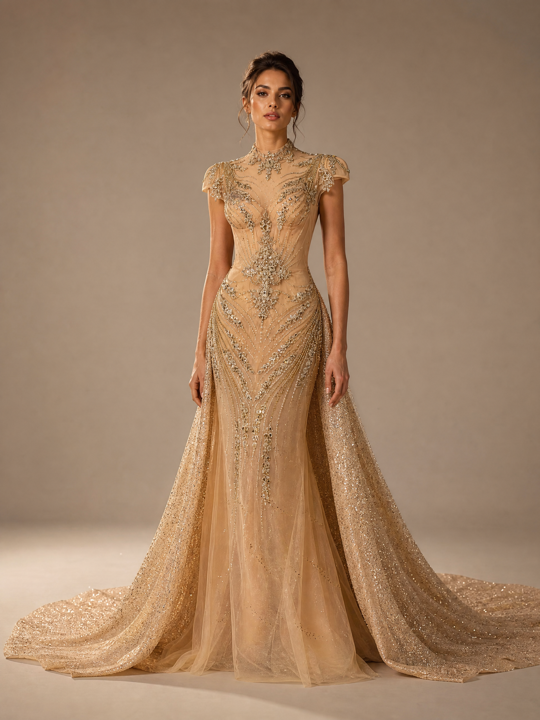 Champagne Rose Mermaid Crystal Train Evening Gown — front full-length view (SKU-002) — reviewed generated product image