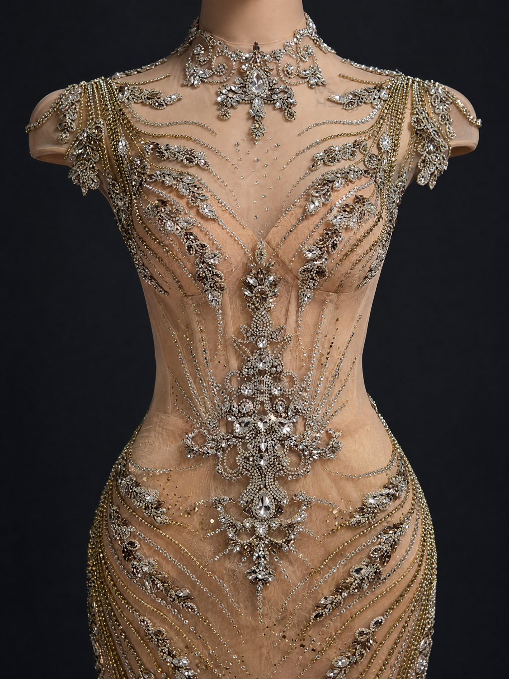 Champagne Rose Mermaid Crystal Train Evening Gown — couture detail view (SKU-002) — reviewed generated product image