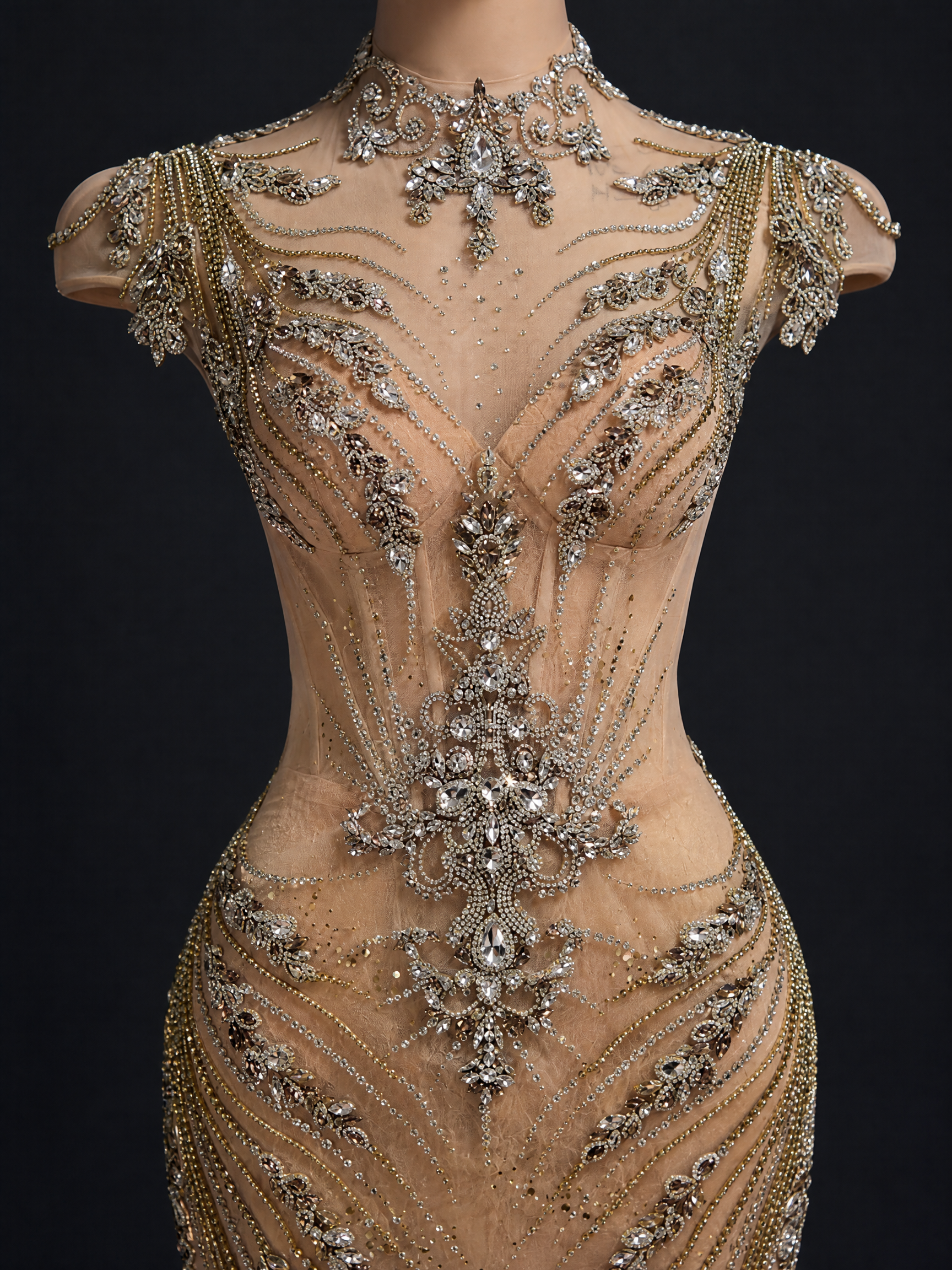Champagne Rose Mermaid Crystal Train Evening Gown — couture detail view (SKU-002) — reviewed generated product image
