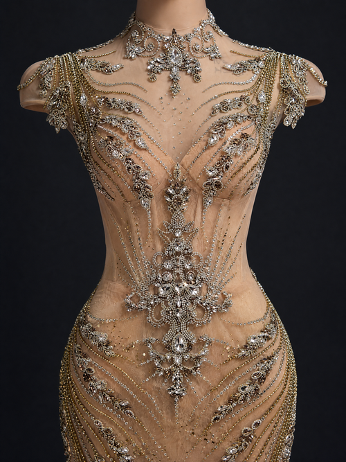 Champagne Rose Mermaid Crystal Train Evening Gown — couture detail view (SKU-002) — reviewed generated product image