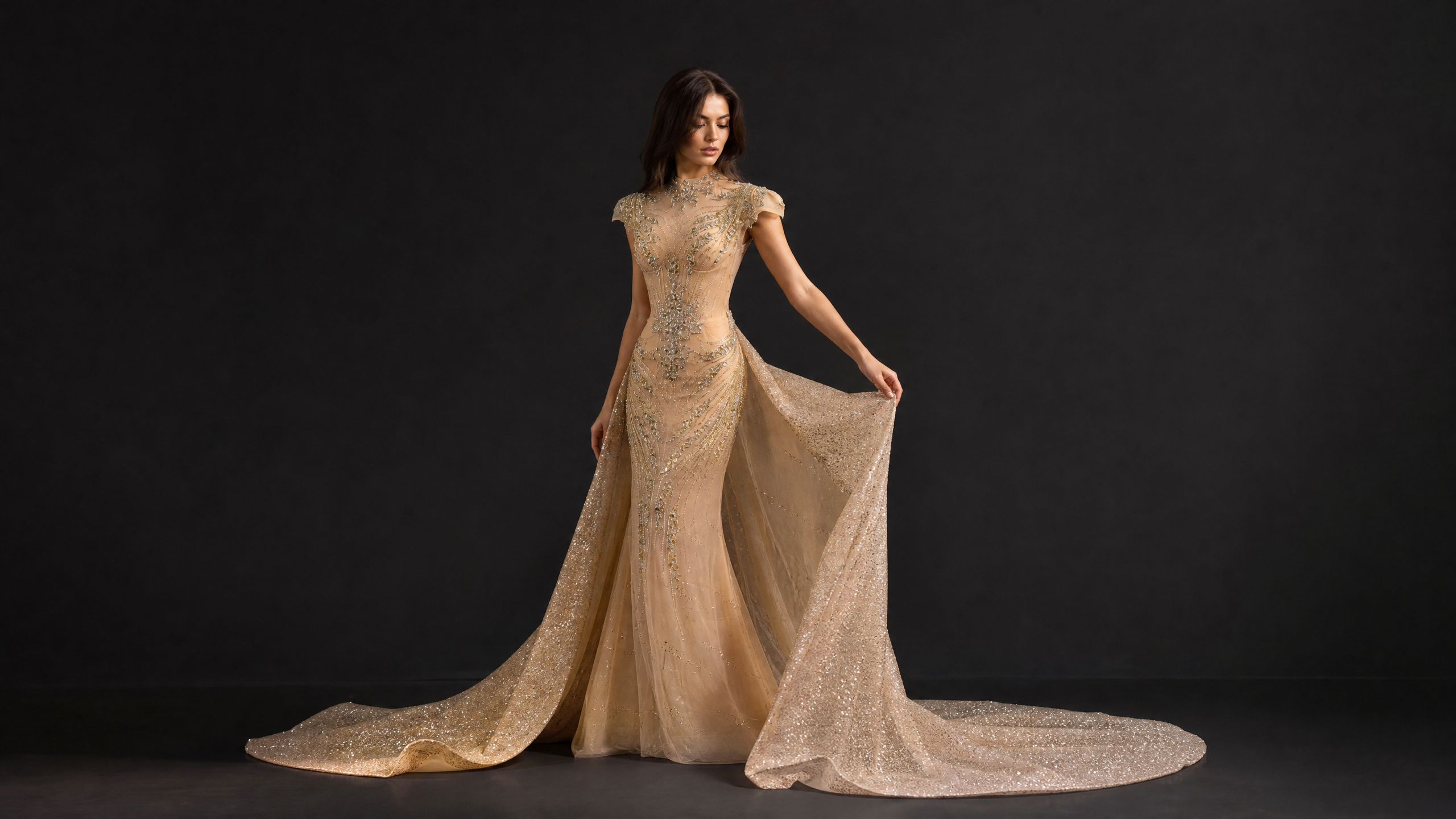 Champagne Rose Mermaid Crystal Train Evening Gown — hem and train detail view (SKU-002) — reviewed generated product image
