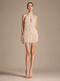 Cream White Mini Feather Mini Formal Dress — front full-length hero view (source SKU-040) — reviewed generated product image