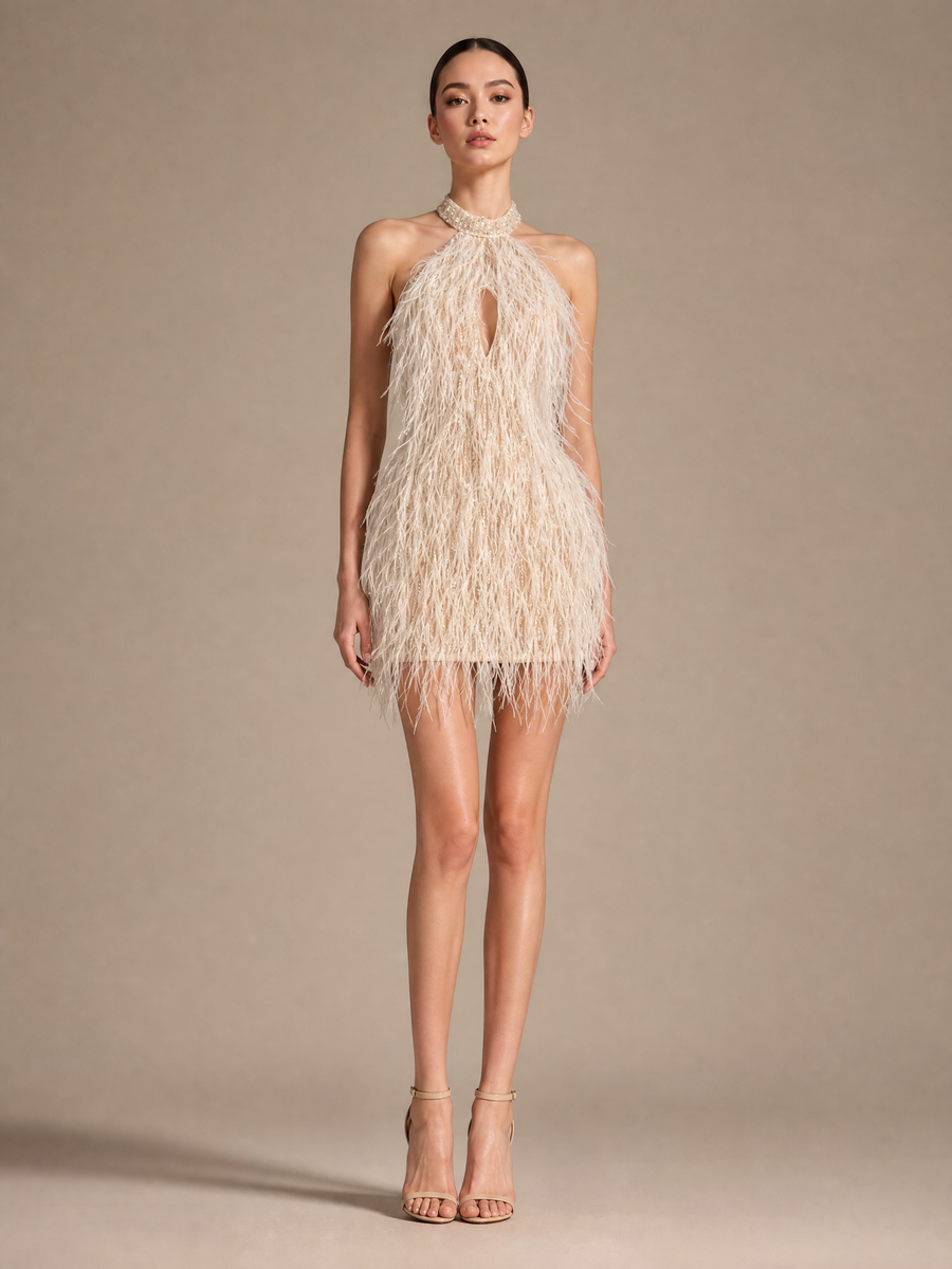 Cream White Mini Feather Mini Formal Dress