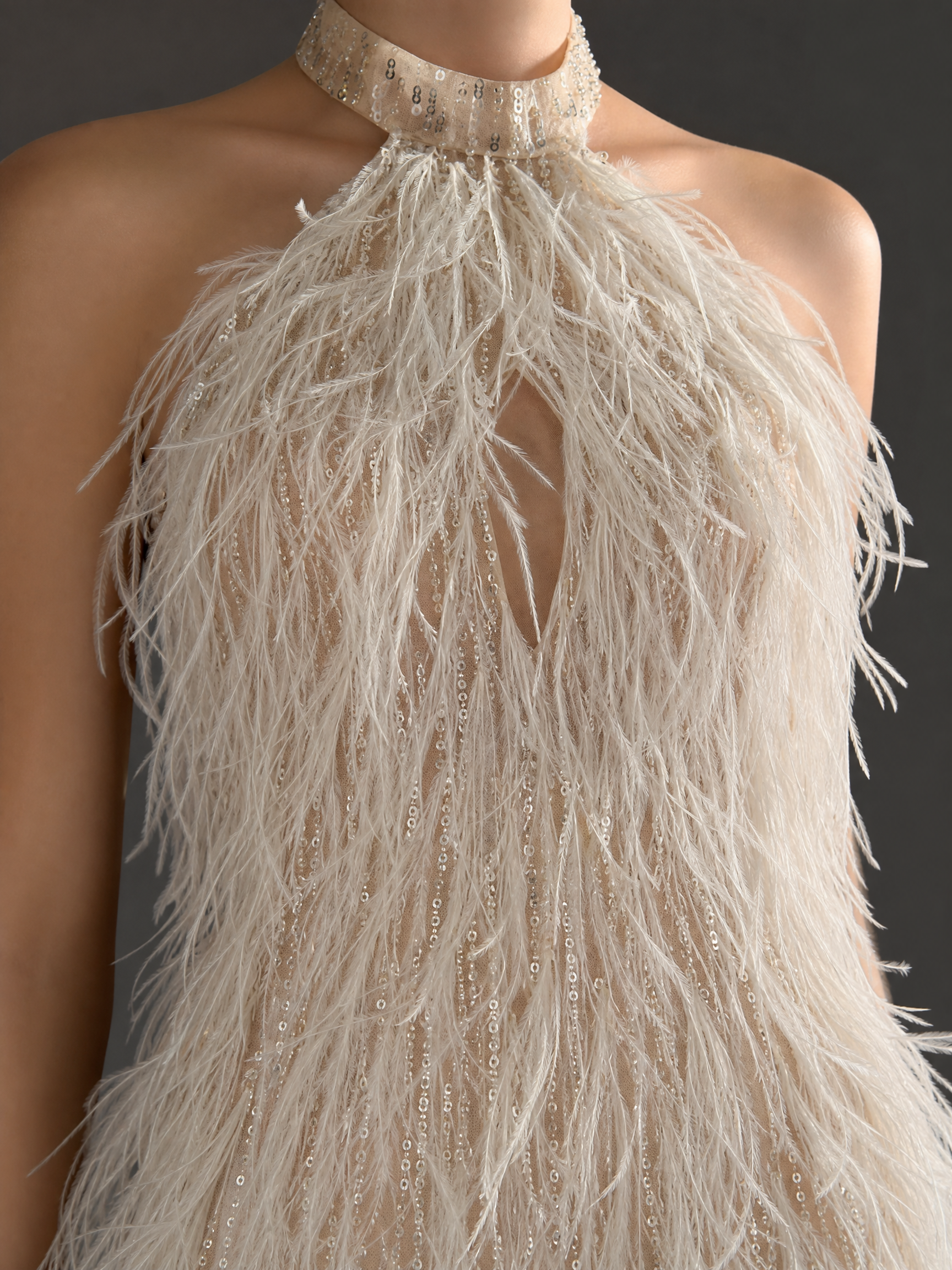 Cream White Mini Feather Mini Formal Dress — couture detail view (source SKU-040) — reviewed generated product image