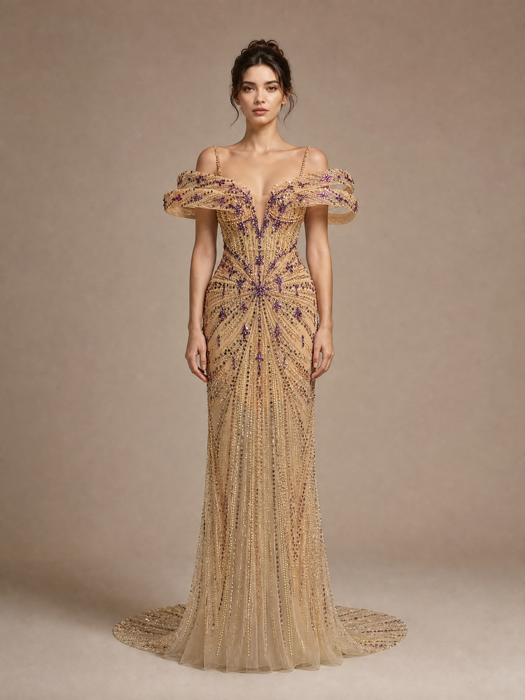 Gold and Purple Beaded Evening Gown — front full-length hero view (source SKU-073) — reviewed generated product image