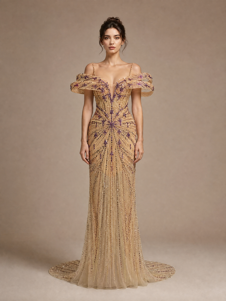 Gold and Purple Beaded Evening Gown