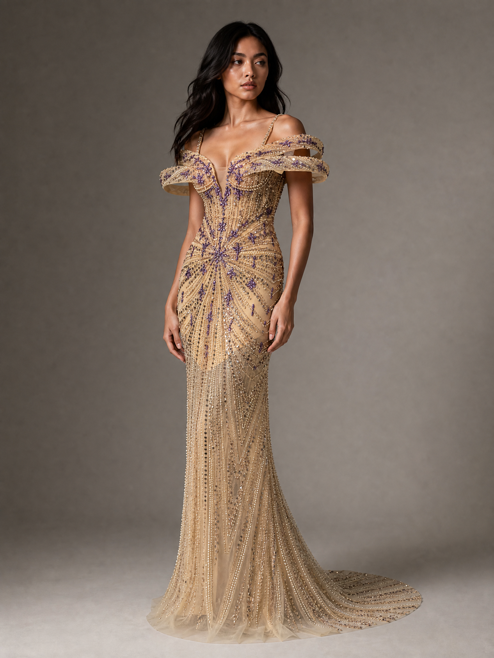 Gold and Purple Beaded Evening Gown — three-quarter view (source SKU-073) — reviewed generated product image