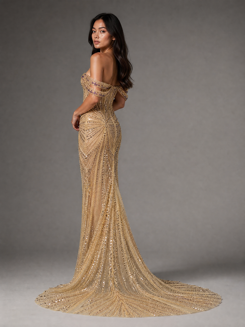 Gold and Purple Beaded Evening Gown — side or back view (source SKU-073) — reviewed generated product image