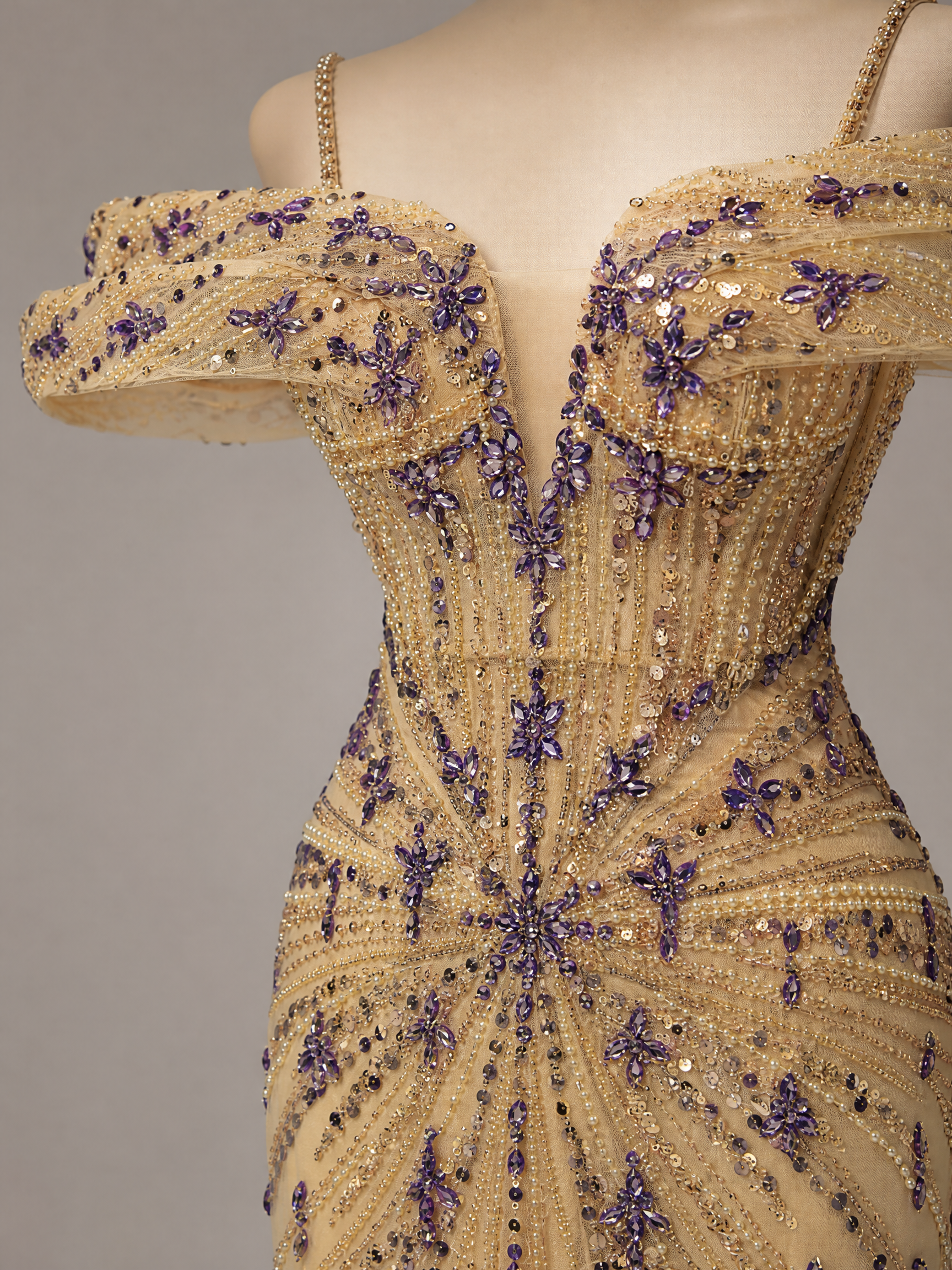 Gold and Purple Beaded Evening Gown — couture detail view (source SKU-073) — reviewed generated product image