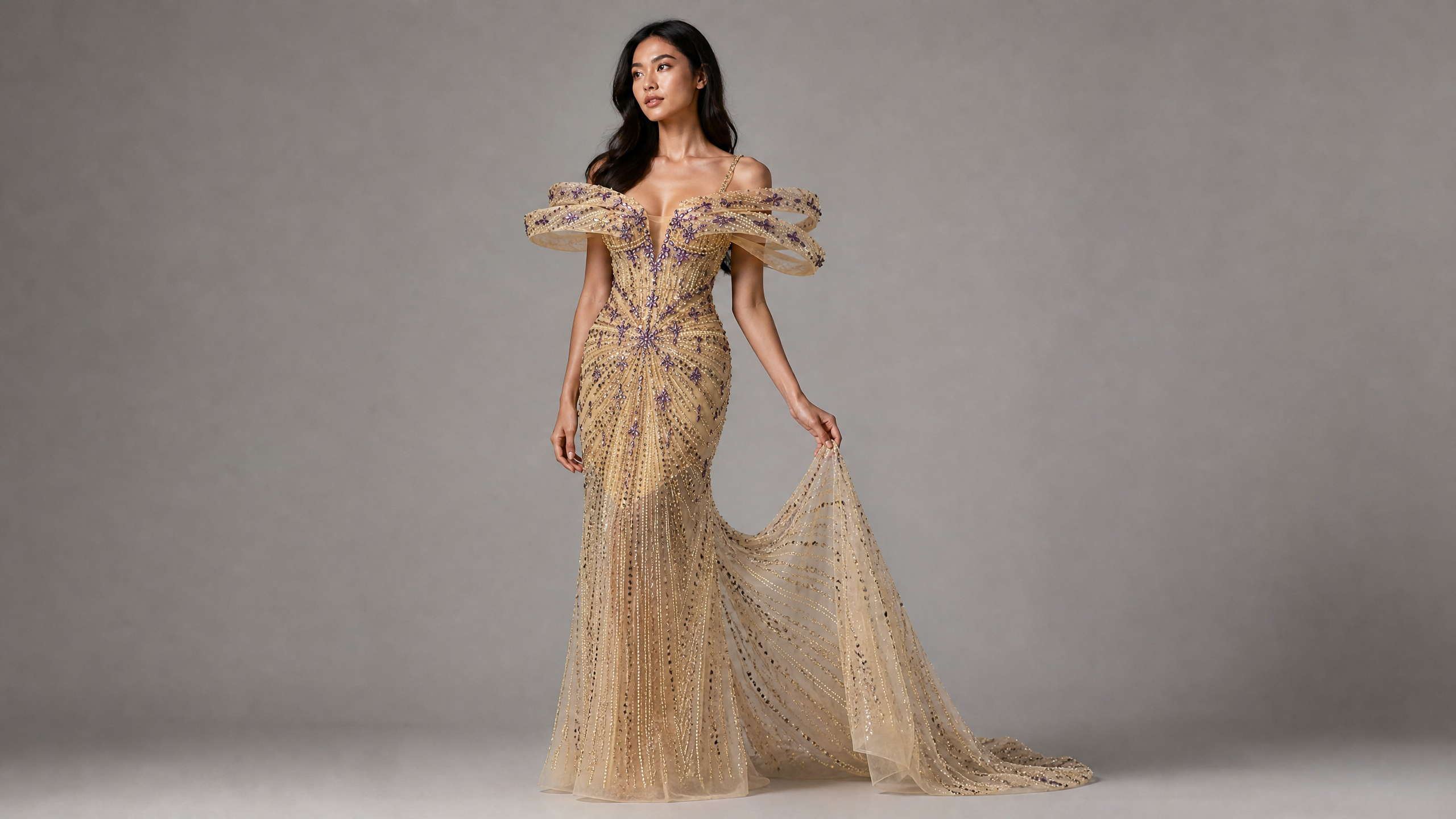 Gold and Purple Beaded Evening Gown — hem and train detail view (source SKU-073) — reviewed generated product image