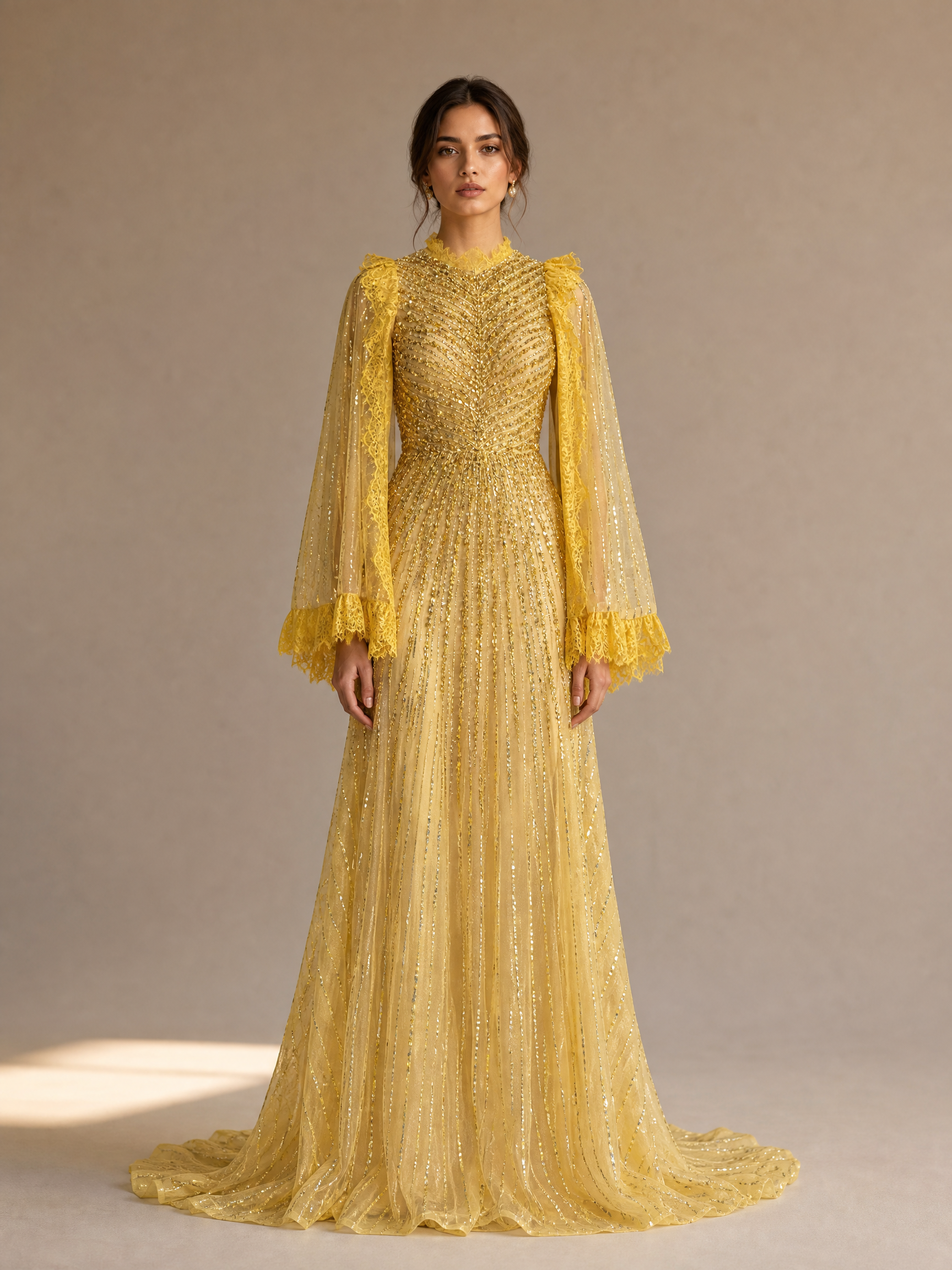Gold Beaded Evening Gown — front full-length hero view (source SKU-064) — reviewed generated product image