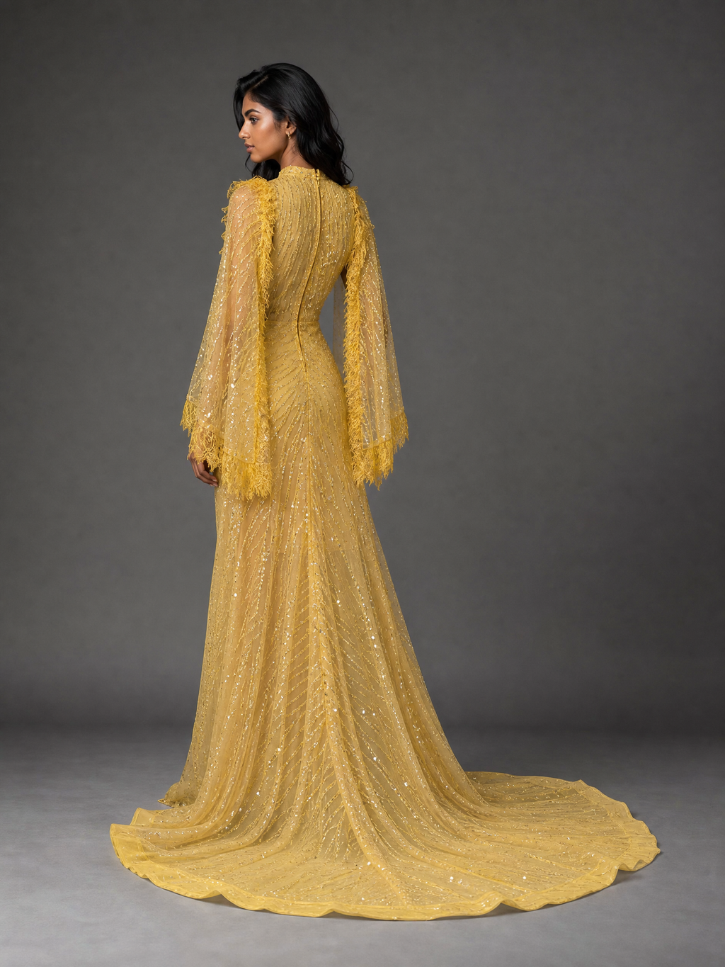 Gold Beaded Evening Gown — side or back view (source SKU-064) — reviewed generated product image