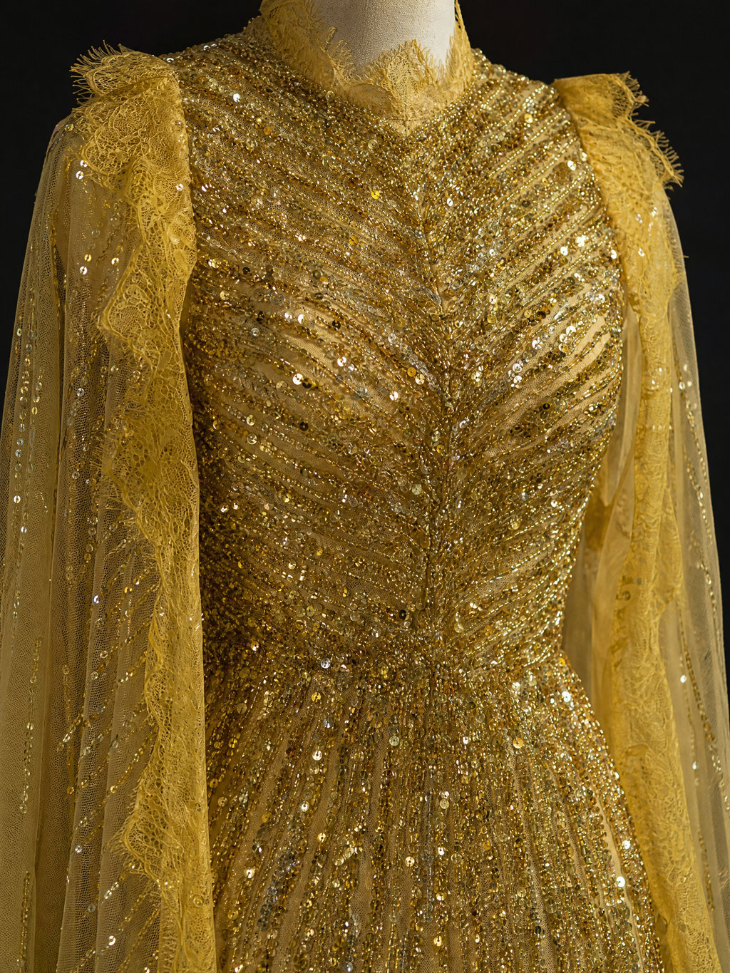 Gold Beaded Evening Gown — couture detail view (source SKU-064) — reviewed generated product image