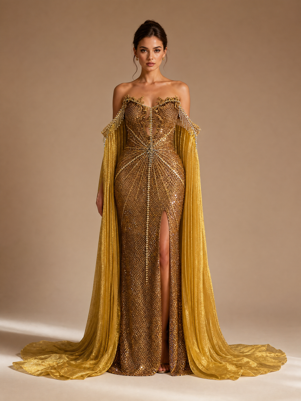 Gold Crystal Cape Evening Gown — front full-length view (SKU-022) — reviewed generated product image
