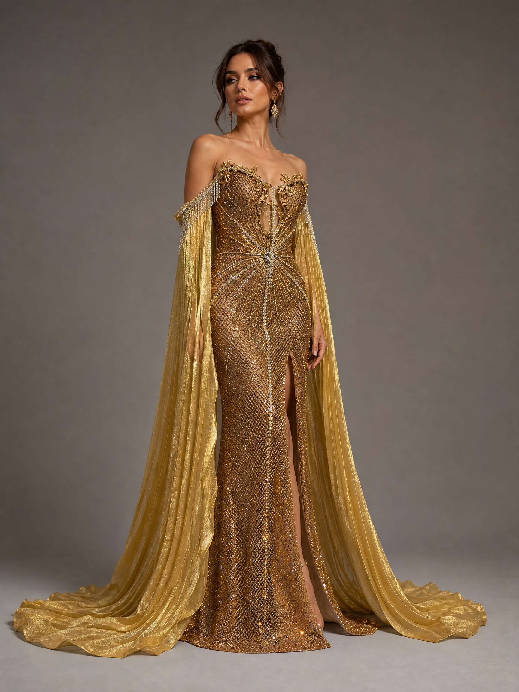 Gold Crystal Cape Evening Gown — three-quarter view (SKU-022) — reviewed generated product image