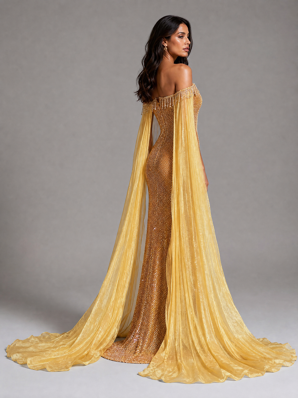 Gold Crystal Cape Evening Gown — side or back view (SKU-022) — reviewed generated product image