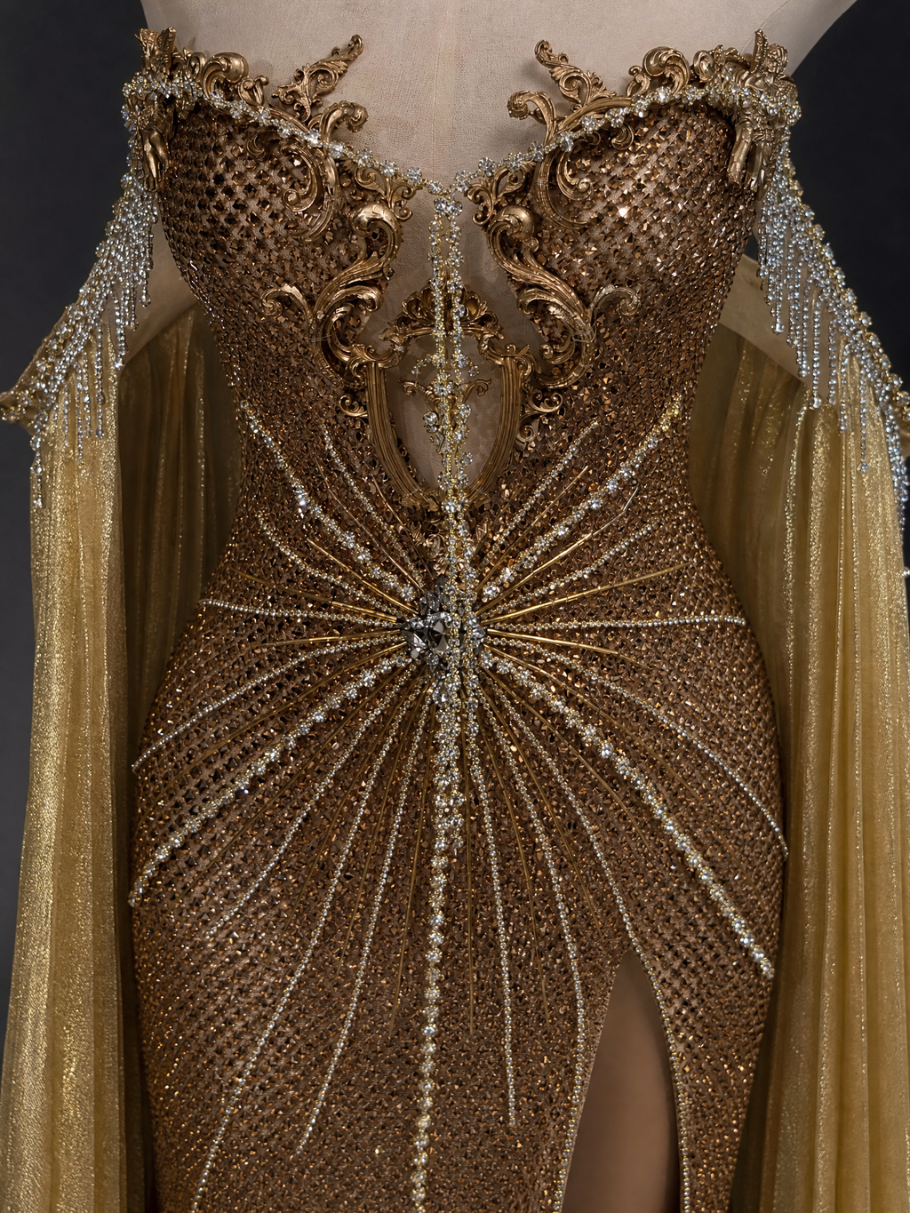 Gold Crystal Cape Evening Gown — couture detail view (SKU-022) — reviewed generated product image