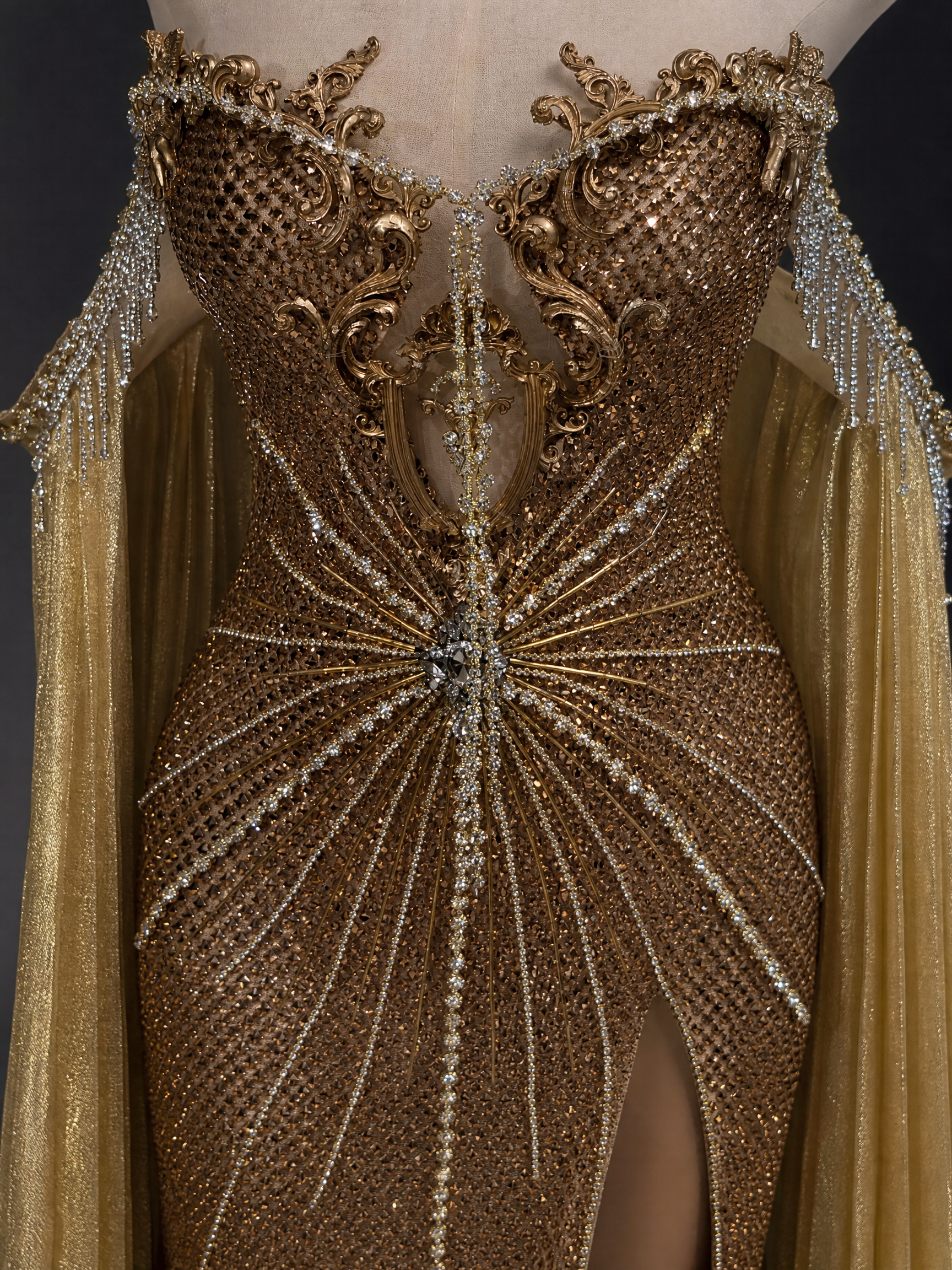 Gold Crystal Cape Evening Gown — couture detail view (SKU-022) — reviewed generated product image