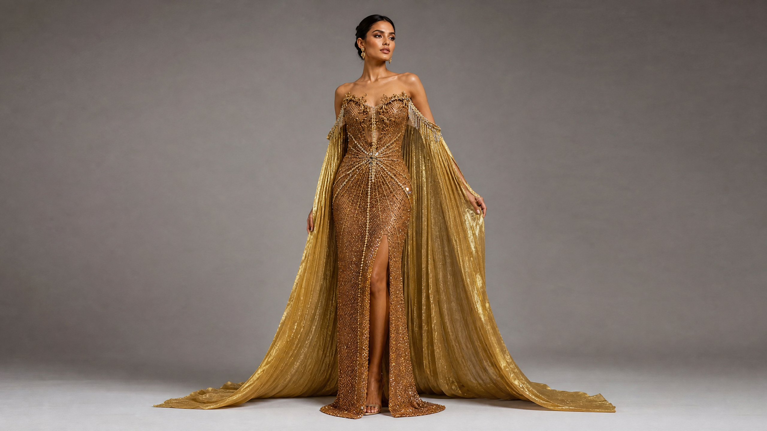 Gold Crystal Cape Evening Gown — hem and train detail view (SKU-022) — reviewed generated product image