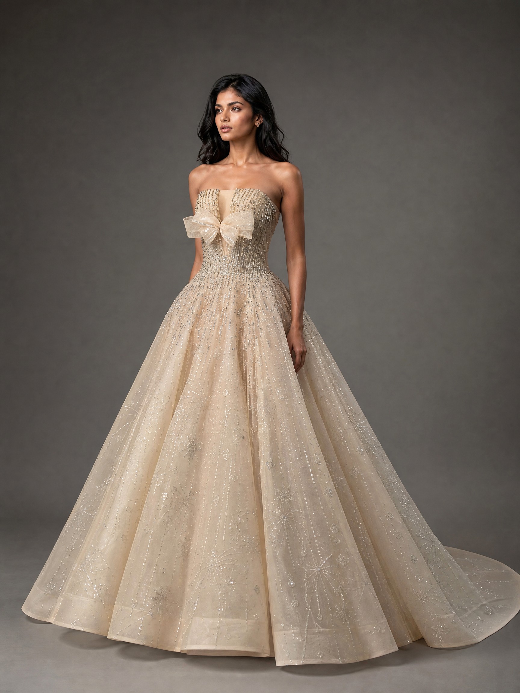 Ivory Ballgown Cape Full Skirt Evening Gown — three-quarter view (source SKU-052) — reviewed generated product image