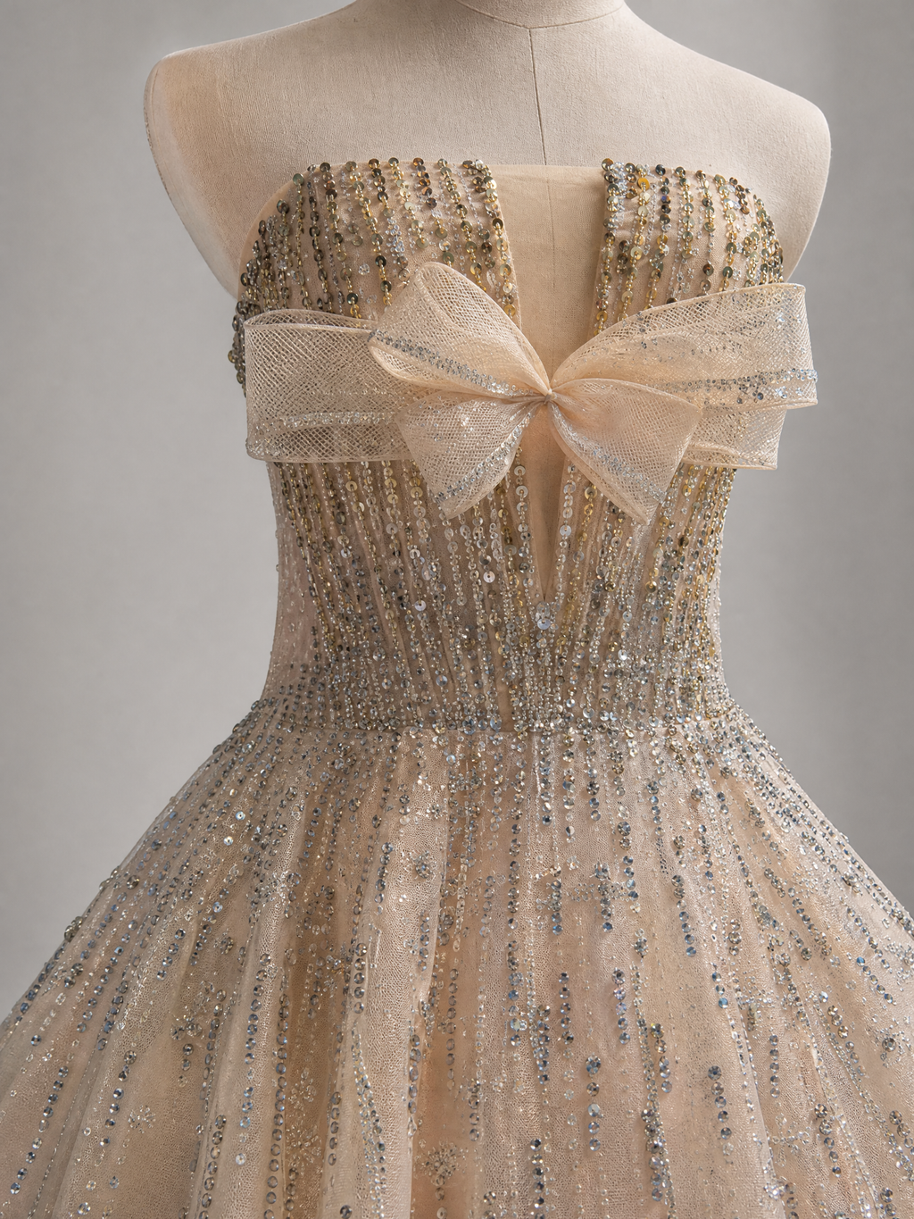 Ivory Ballgown Cape Full Skirt Evening Gown — couture detail view (source SKU-052) — reviewed generated product image