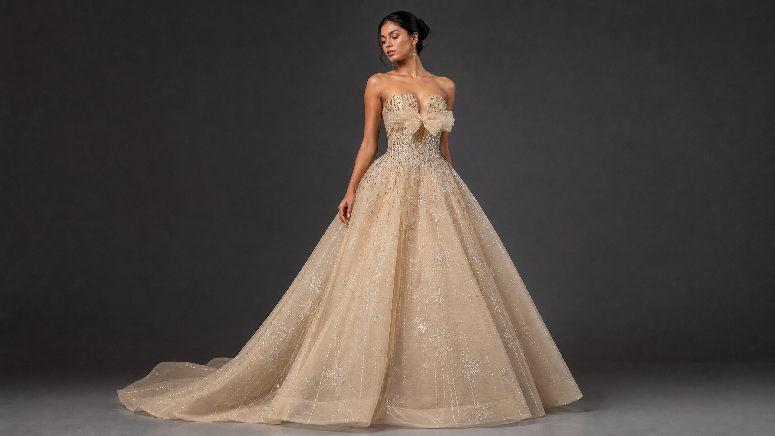 Ivory Ballgown Cape Full Skirt Evening Gown — hem and train detail view (source SKU-052) — reviewed generated product image