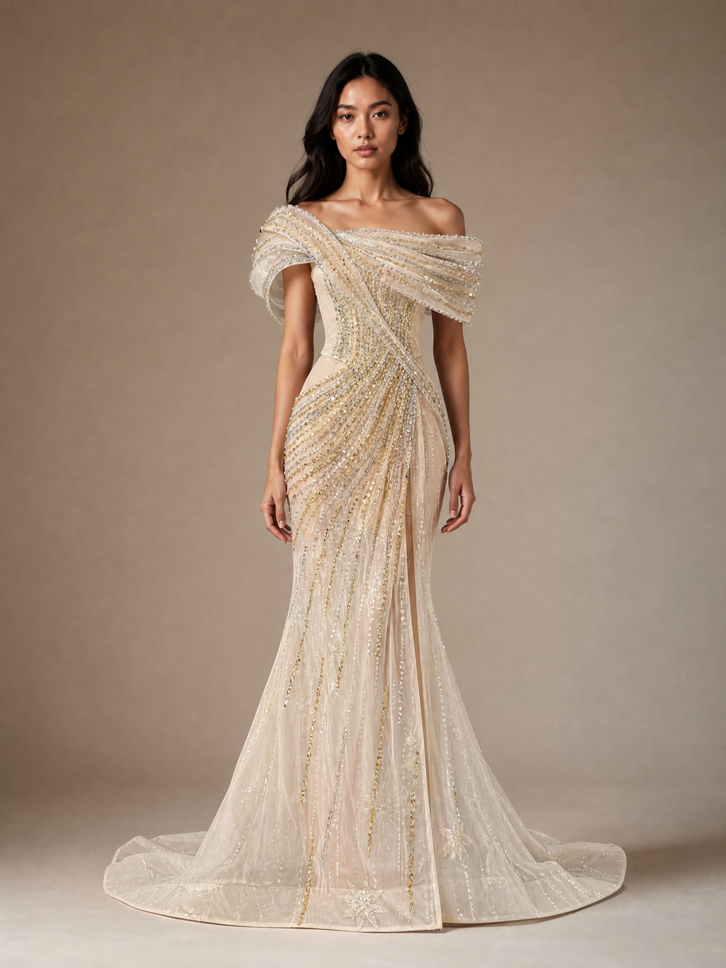 Ivory Beaded Train Statement Evening Gown — front full-length hero view (source SKU-054) — reviewed generated product image