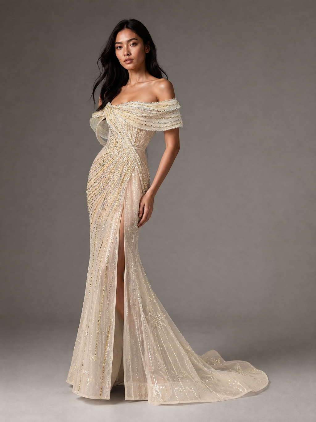 Ivory Beaded Train Statement Evening Gown — three-quarter view (source SKU-054) — reviewed generated product image