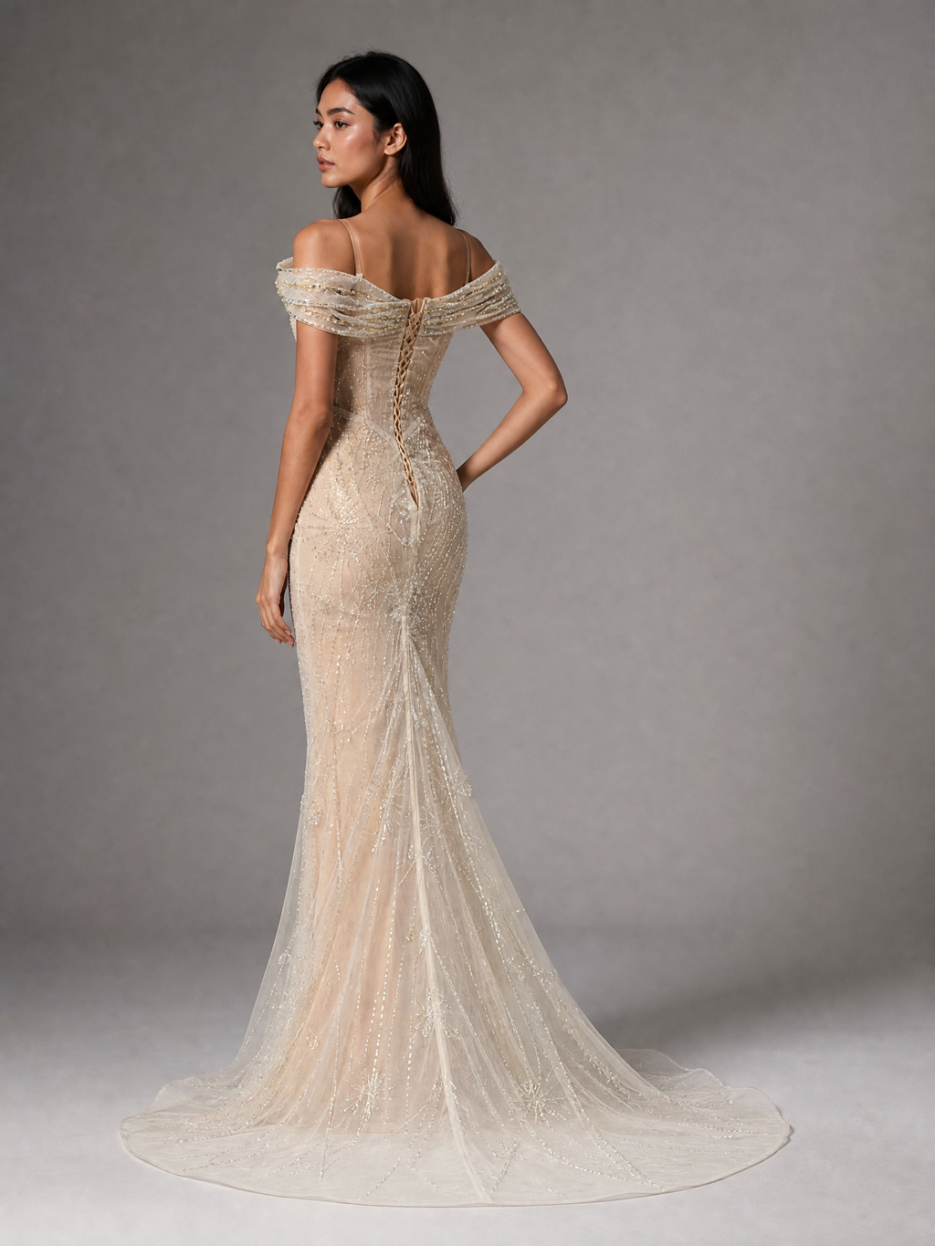 Ivory Beaded Train Statement Evening Gown — side or back view (source SKU-054) — reviewed generated product image