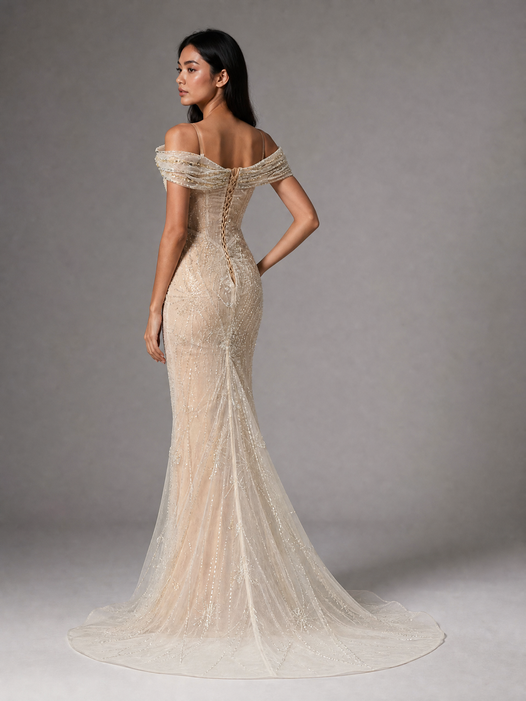 Ivory Beaded Train Statement Evening Gown — side or back view (source SKU-054) — reviewed generated product image